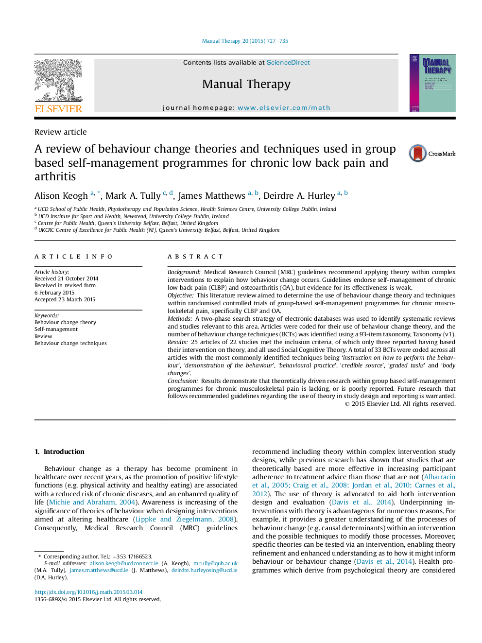 A review of behaviour change theories and techniques used in group based self-management programmes for chronic low back pain and arthritis