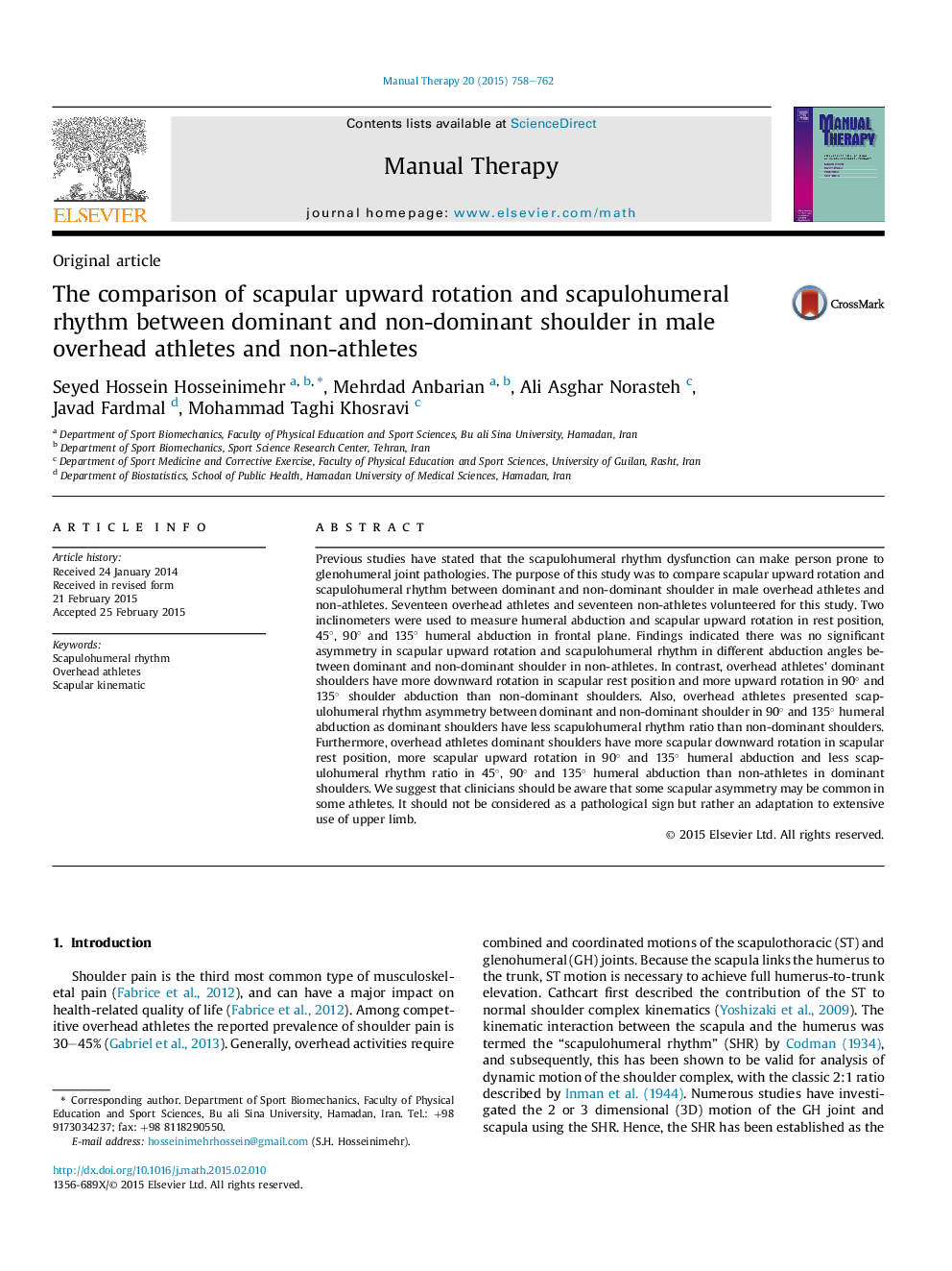 The comparison of scapular upward rotation and scapulohumeral rhythm between dominant and non-dominant shoulder in male overhead athletes and non-athletes