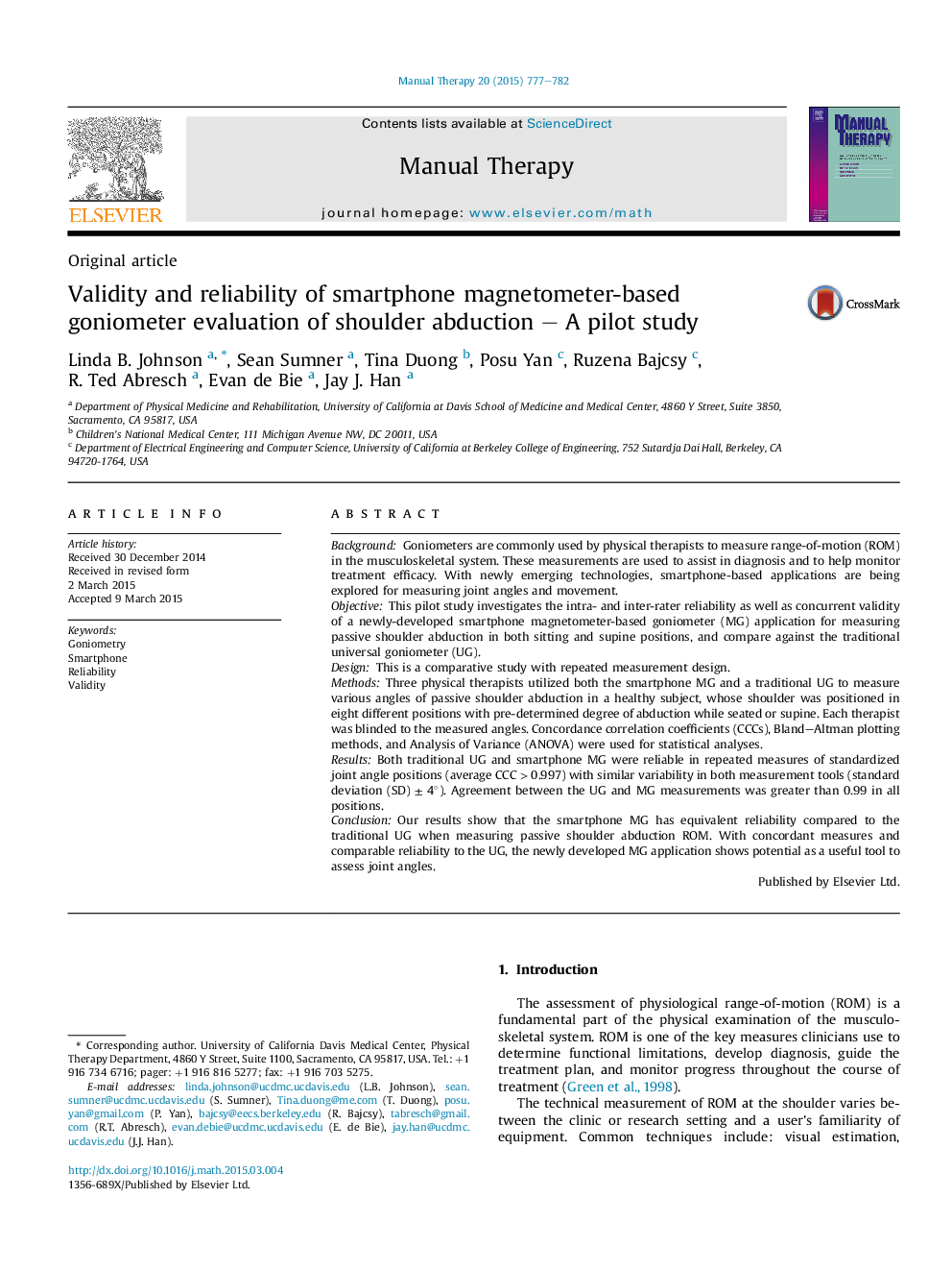 Validity and reliability of smartphone magnetometer-based goniometer evaluation of shoulder abduction – A pilot study