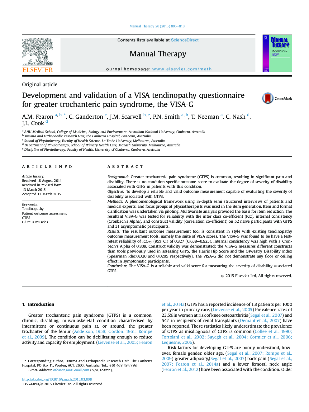 Development and validation of a VISA tendinopathy questionnaire for greater trochanteric pain syndrome, the VISA-G