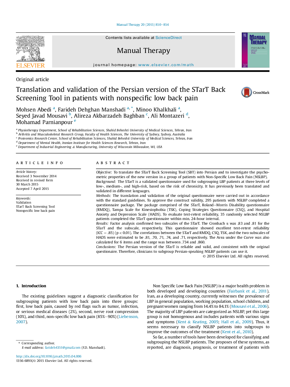 Translation and validation of the Persian version of the STarT Back Screening Tool in patients with nonspecific low back pain