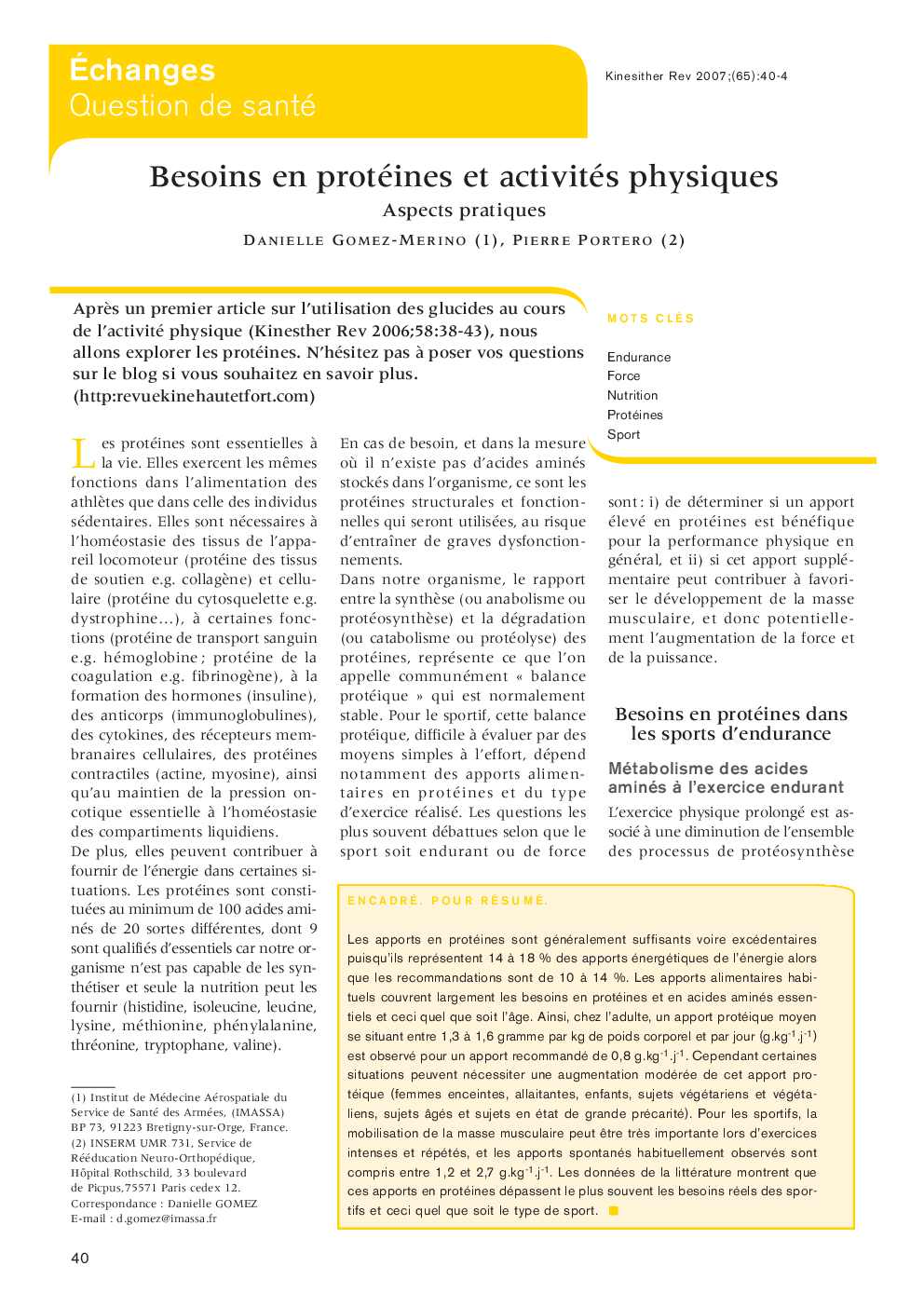 Besoins en protéines et activités physiques: Aspects pratiques