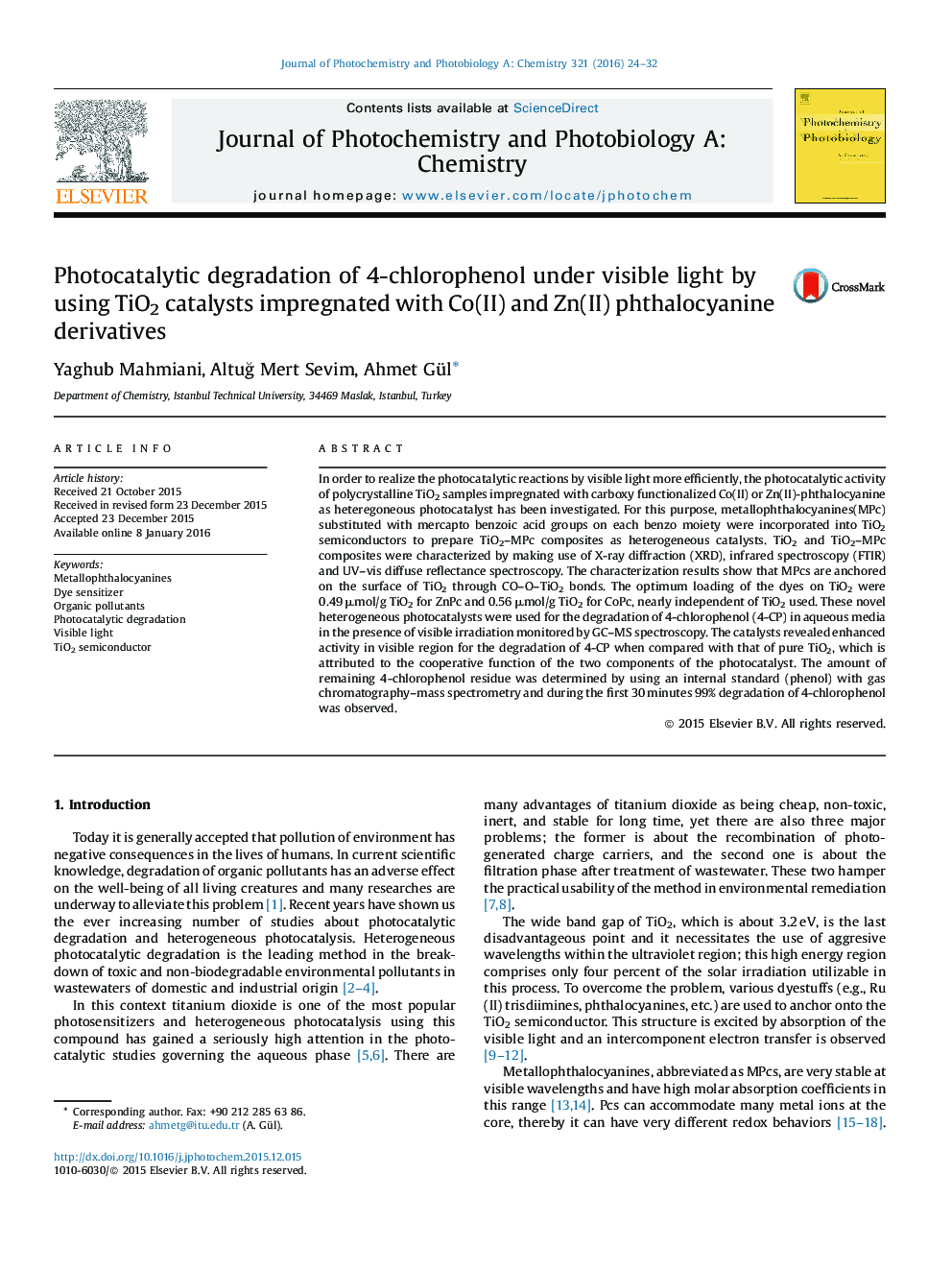 Photocatalytic degradation of 4-chlorophenol under visible light by using TiO2 catalysts impregnated with Co(II) and Zn(II) phthalocyanine derivatives