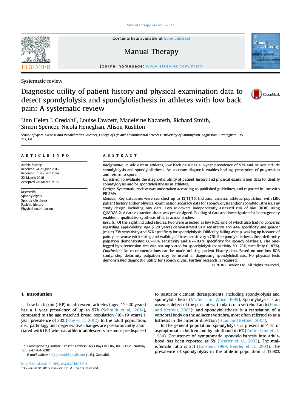 ابزار تشخیصی سابقه بیمار و داده های معاینه فیزیکی برای تشخیص اسپاندیلولیسیس و اسپوندیلولیستزی در ورزشکاران مبتلا به کمردرد: بررسی سیستماتیک