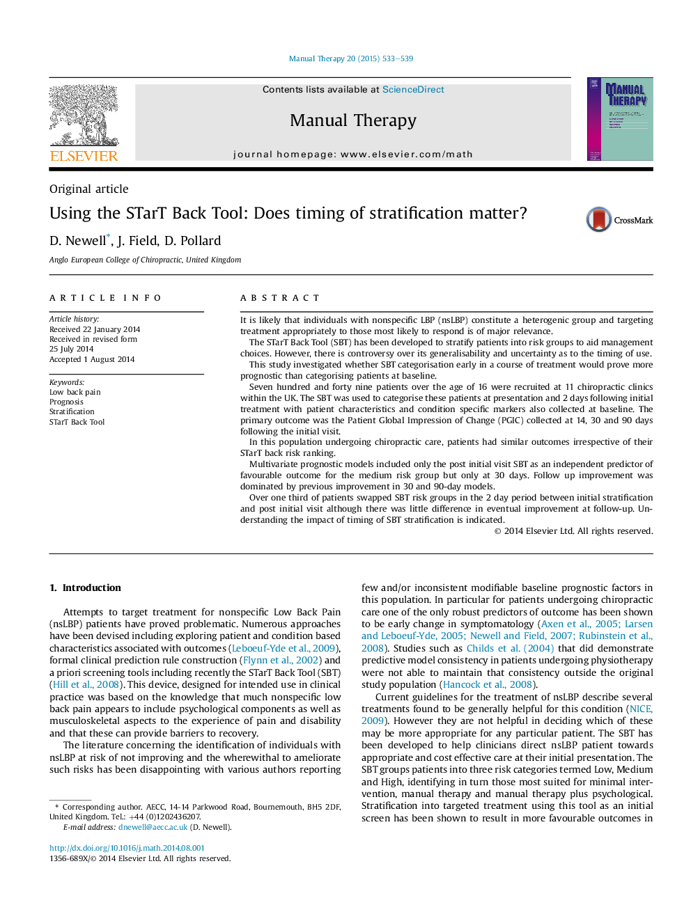 Using the STarT Back Tool: Does timing of stratification matter?