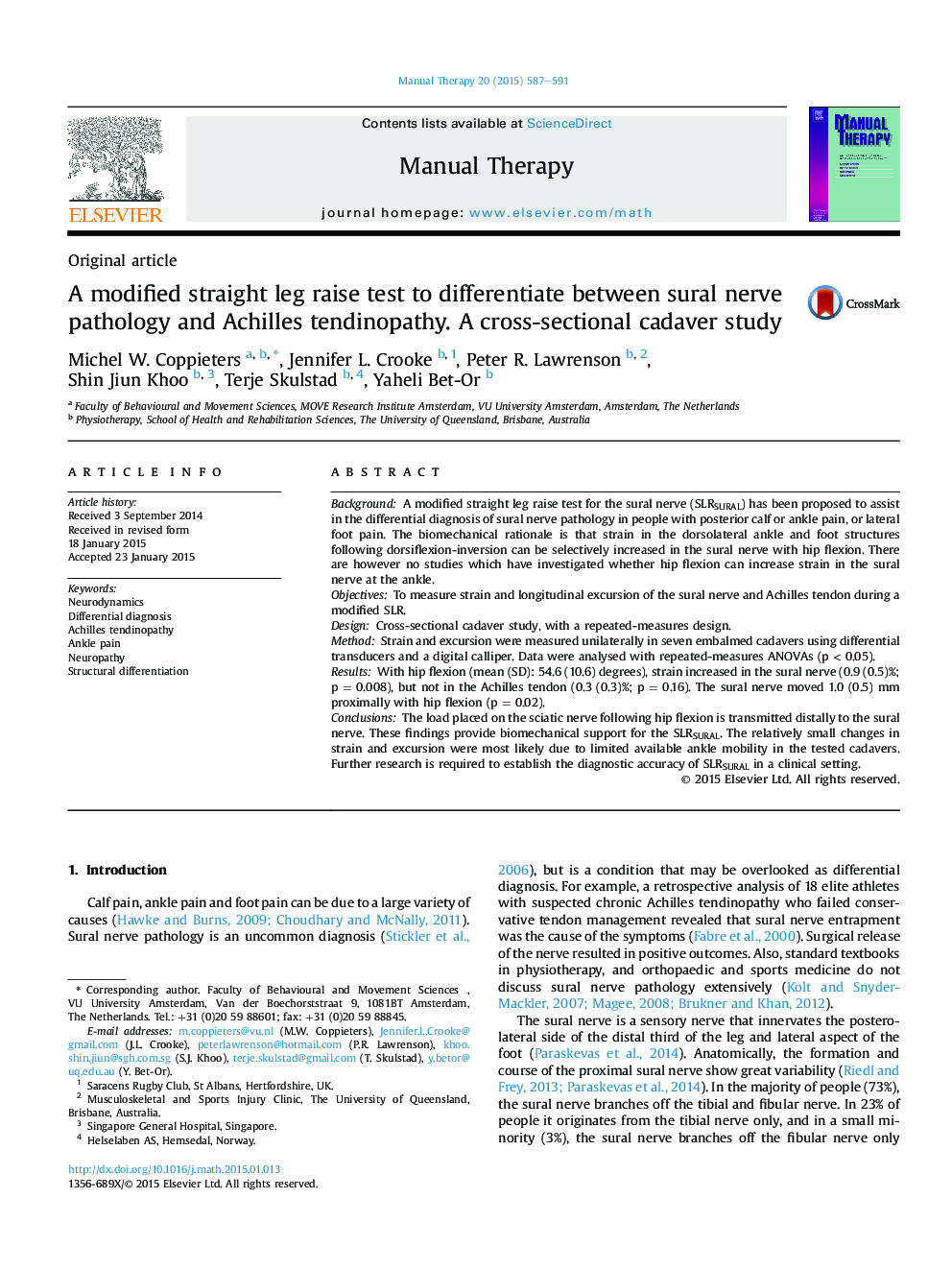 A modified straight leg raise test to differentiate between sural nerve pathology and Achilles tendinopathy. A cross-sectional cadaver study