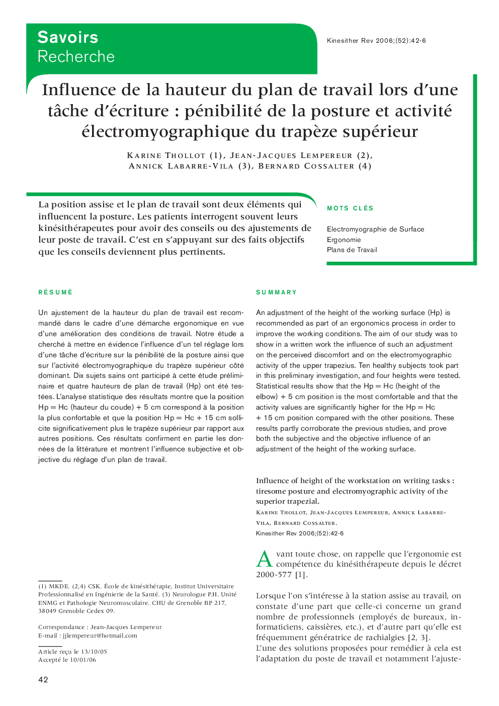 Influence de la hauteur du plan de travail lors d’une tâche d’écriture : pénibilité de la posture et activité électromyographique du trapèze supérieur