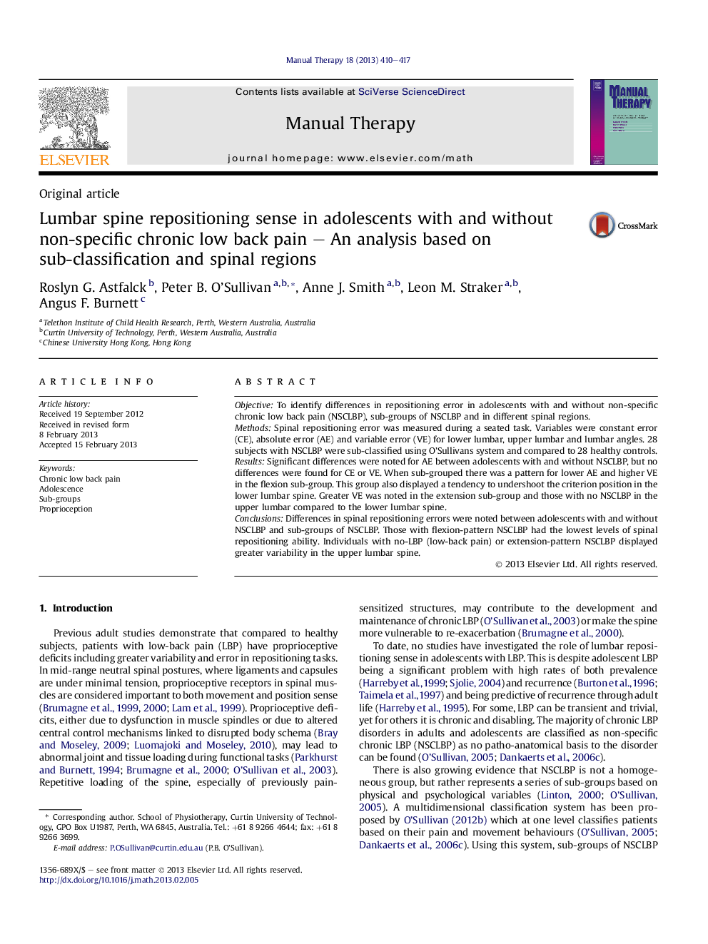 Lumbar spine repositioning sense in adolescents with and without non-specific chronic low back pain – An analysis based on sub-classification and spinal regions