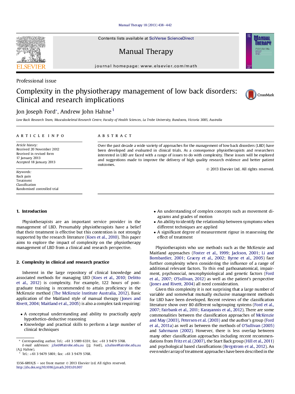 Complexity in the physiotherapy management of low back disorders: Clinical and research implications