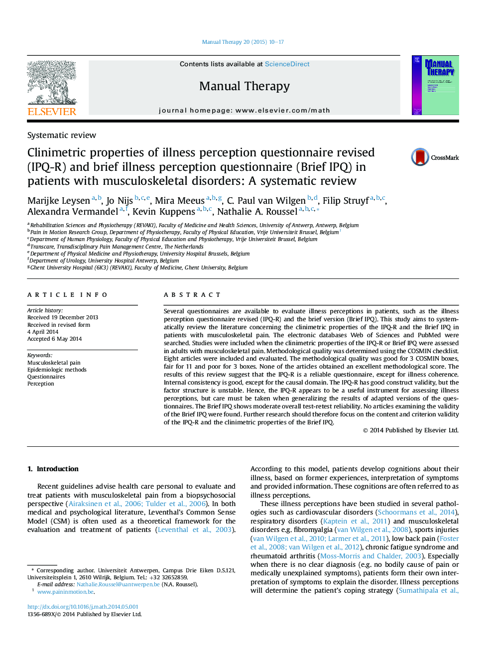 Clinimetric properties of illness perception questionnaire revised (IPQ-R) and brief illness perception questionnaire (Brief IPQ) in patients with musculoskeletal disorders: A systematic review