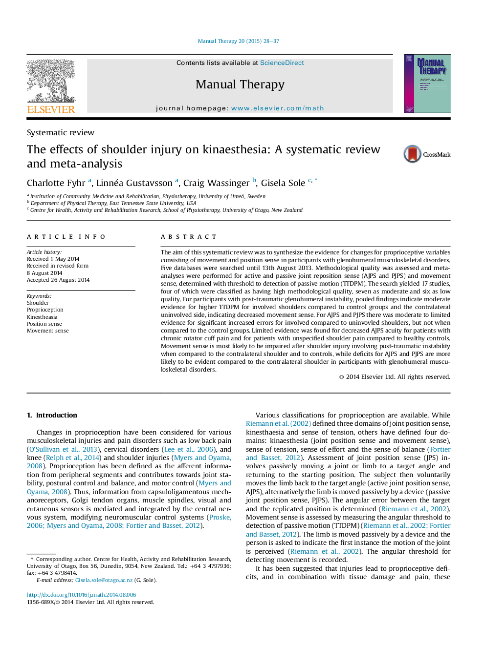 The effects of shoulder injury on kinaesthesia: A systematic review and meta-analysis