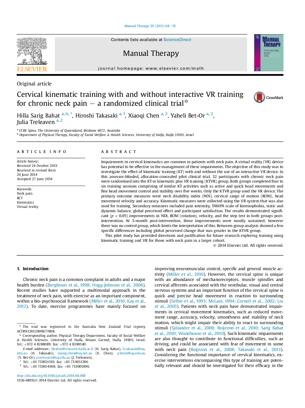 Cervical kinematic training with and without interactive VR training for chronic neck pain – a randomized clinical trial 