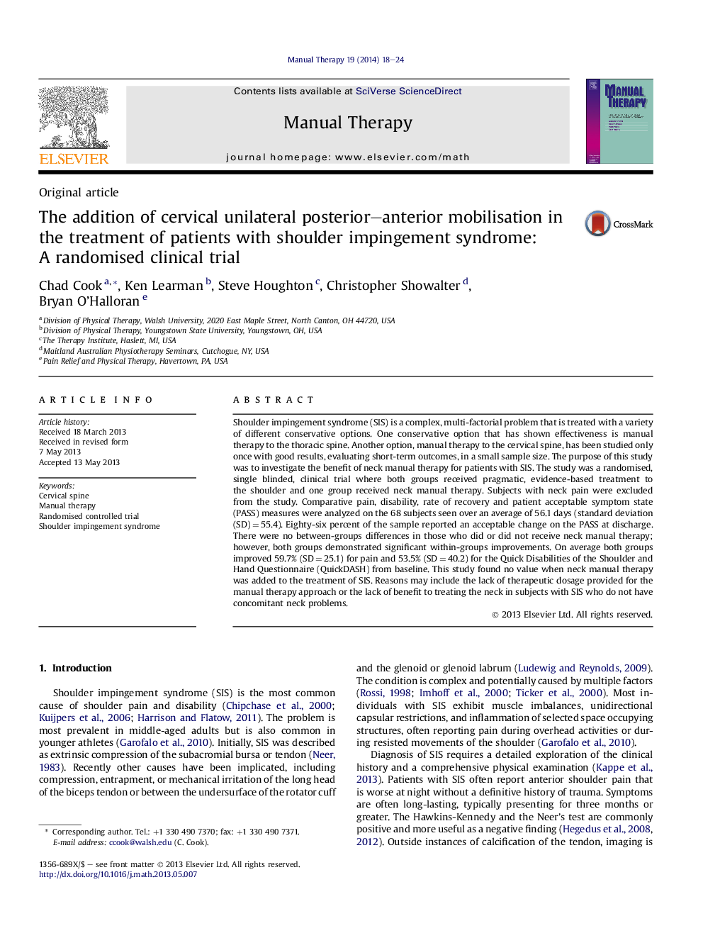 The addition of cervical unilateral posterior–anterior mobilisation in the treatment of patients with shoulder impingement syndrome: A randomised clinical trial