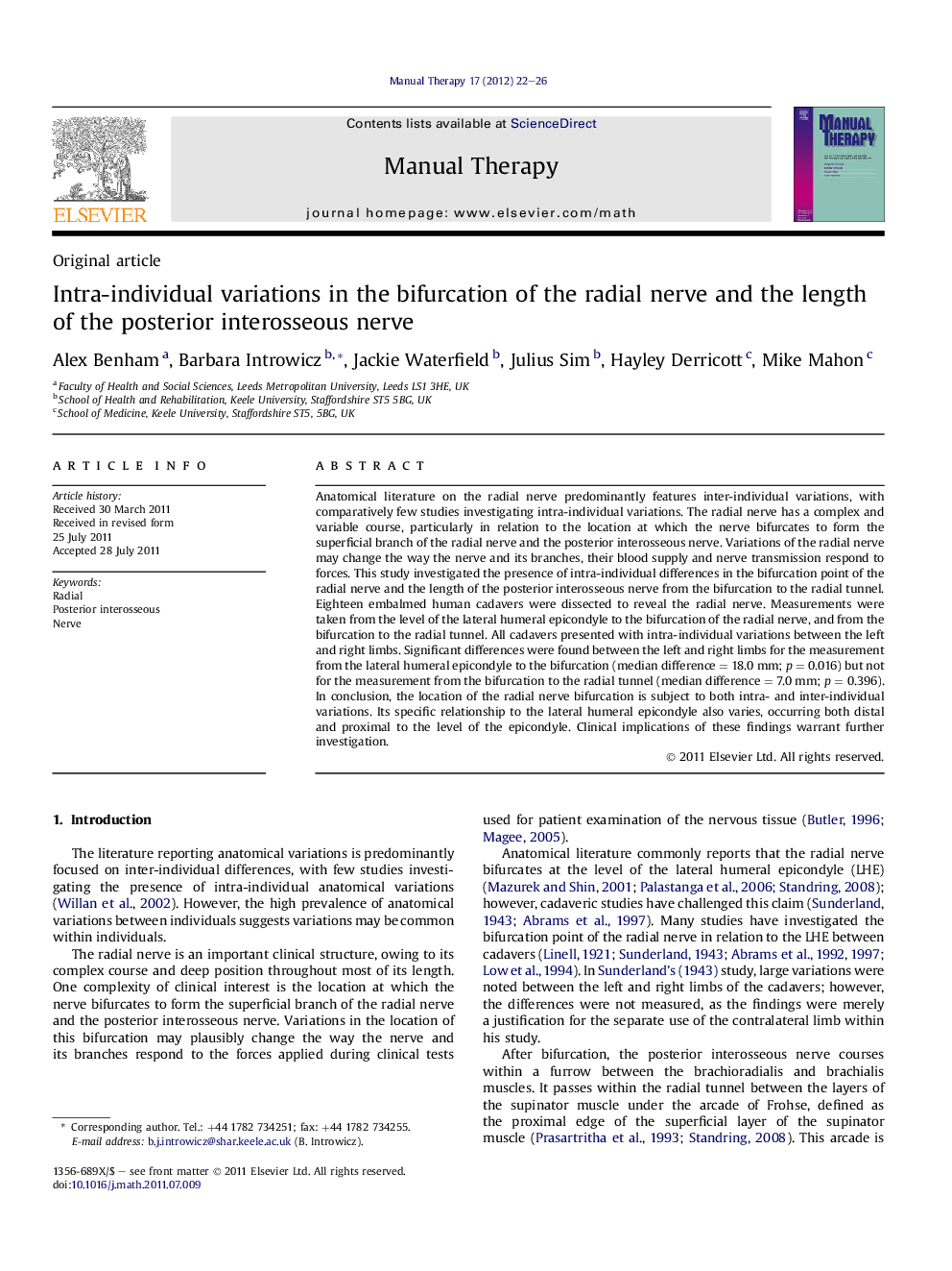 Intra-individual variations in the bifurcation of the radial nerve and the length of the posterior interosseous nerve