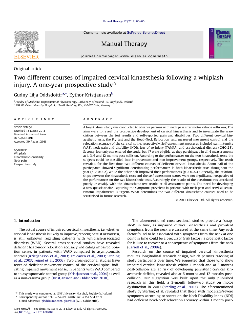 Two different courses of impaired cervical kinaesthesia following a whiplash injury. A one-year prospective study 