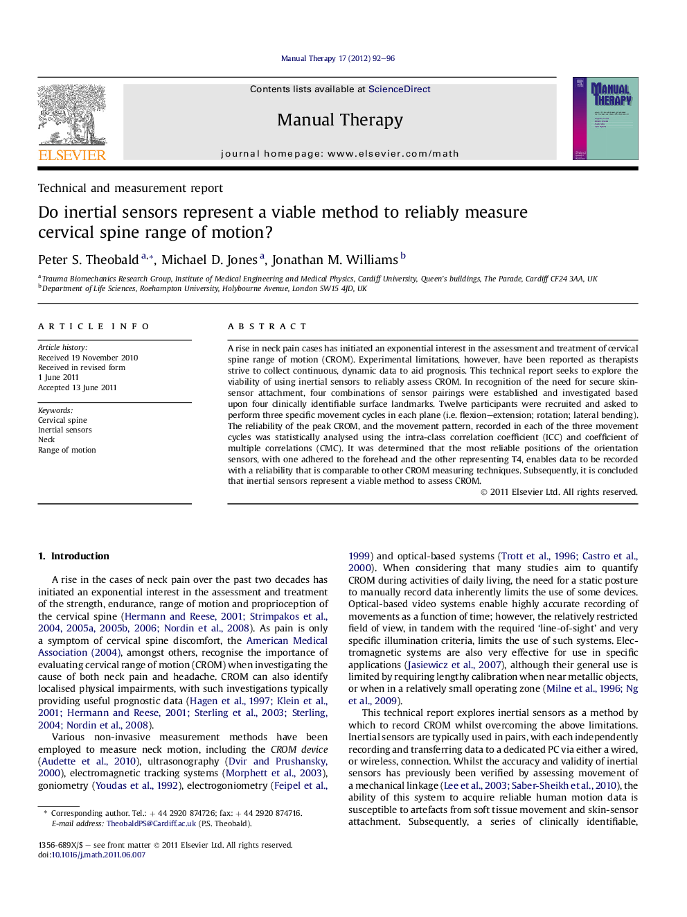 Do inertial sensors represent a viable method to reliably measure cervical spine range of motion?