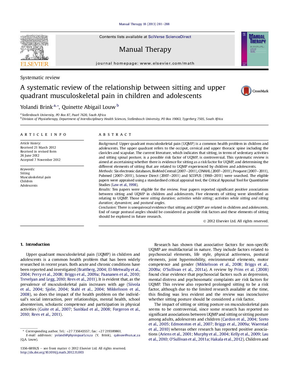 A systematic review of the relationship between sitting and upper quadrant musculoskeletal pain in children and adolescents