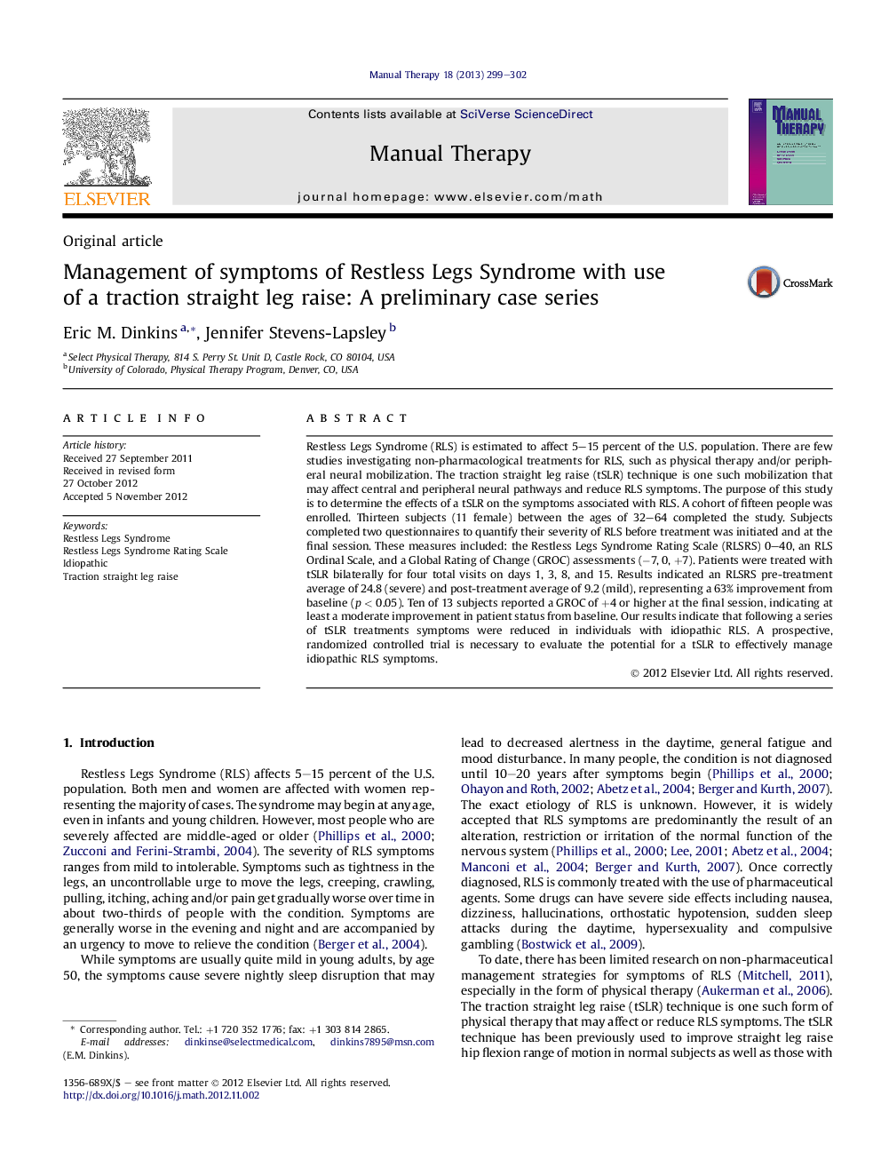 Management of symptoms of Restless Legs Syndrome with use of a traction straight leg raise: A preliminary case series