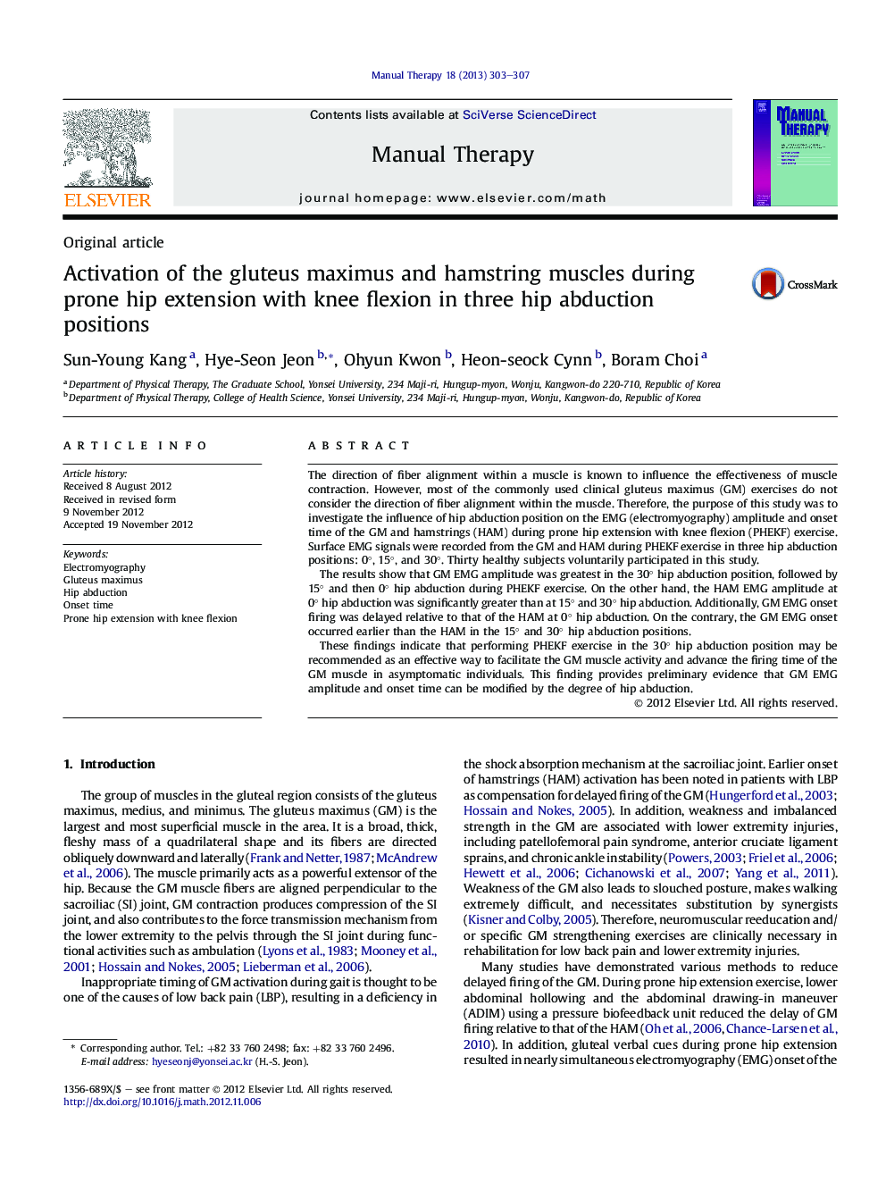 Activation of the gluteus maximus and hamstring muscles during prone hip extension with knee flexion in three hip abduction positions