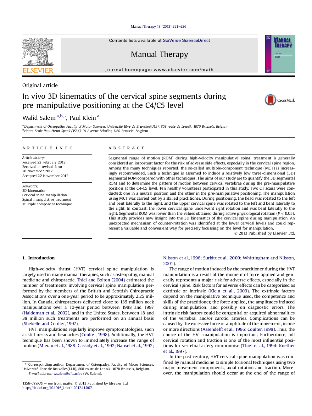 In vivo 3D kinematics of the cervical spine segments during pre-manipulative positioning at the C4/C5 level