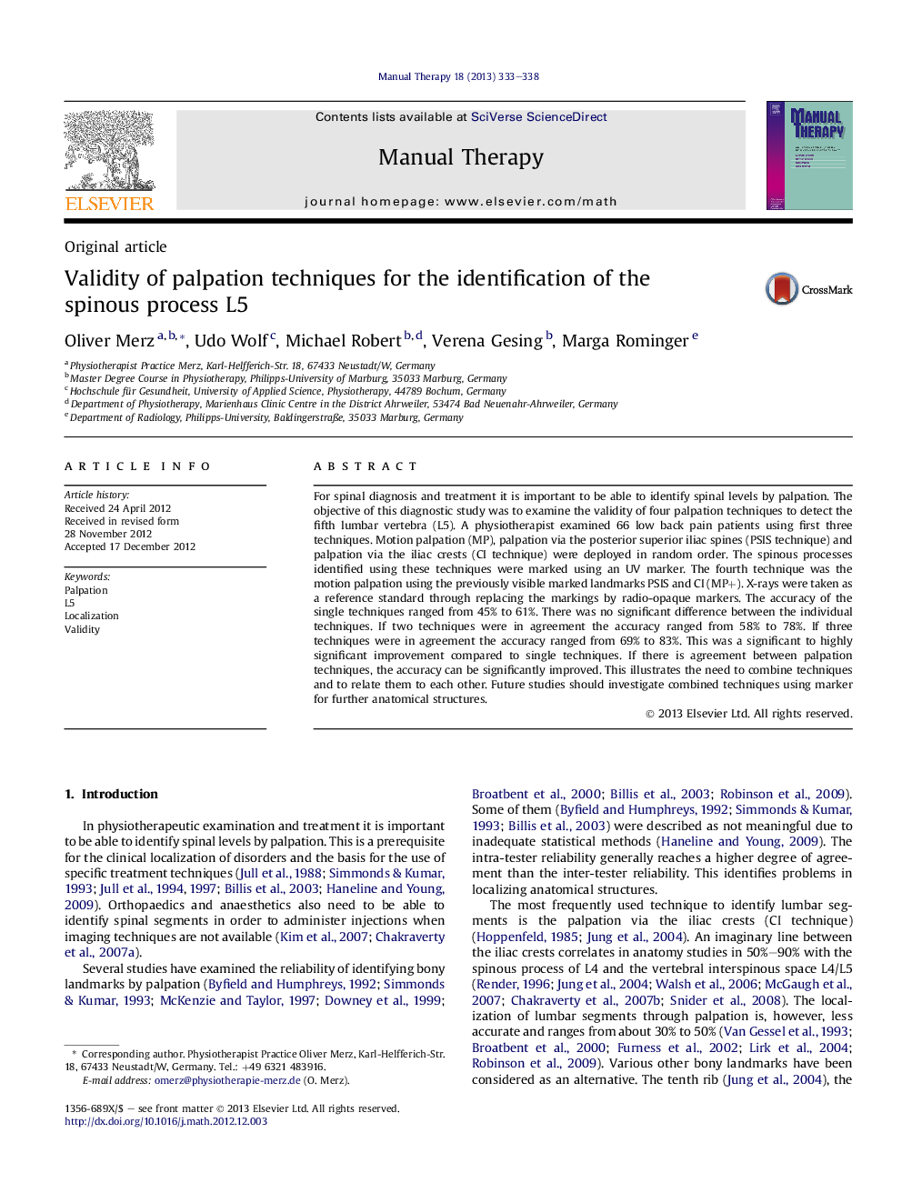 Validity of palpation techniques for the identification of the spinous process L5