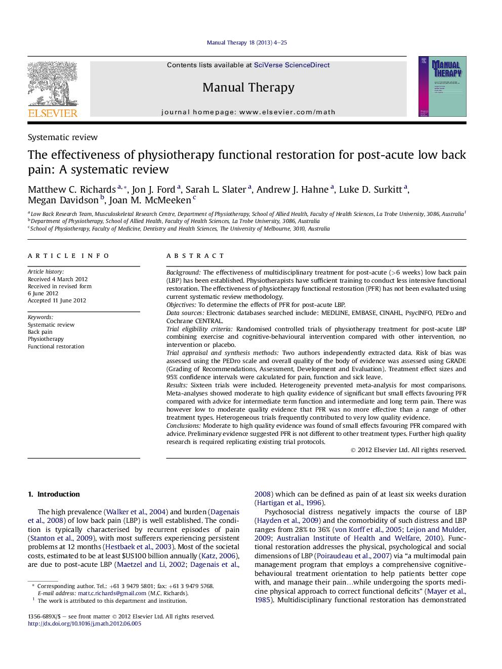 The effectiveness of physiotherapy functional restoration for post-acute low back pain: A systematic review