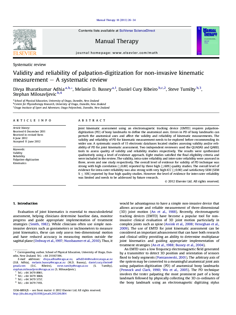 Validity and reliability of palpation-digitization for non-invasive kinematic measurement – A systematic review