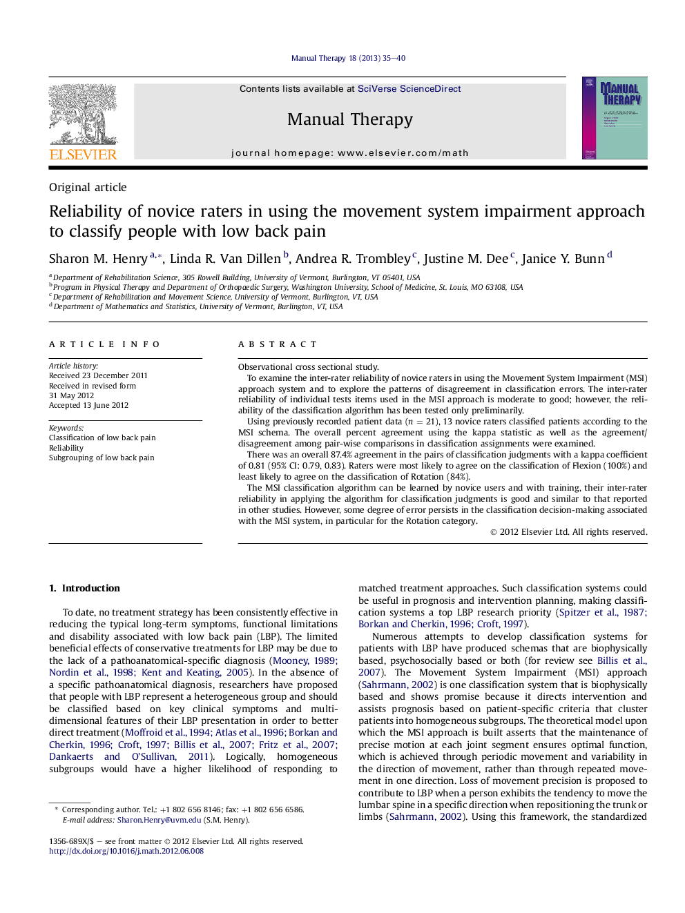 Reliability of novice raters in using the movement system impairment approach to classify people with low back pain