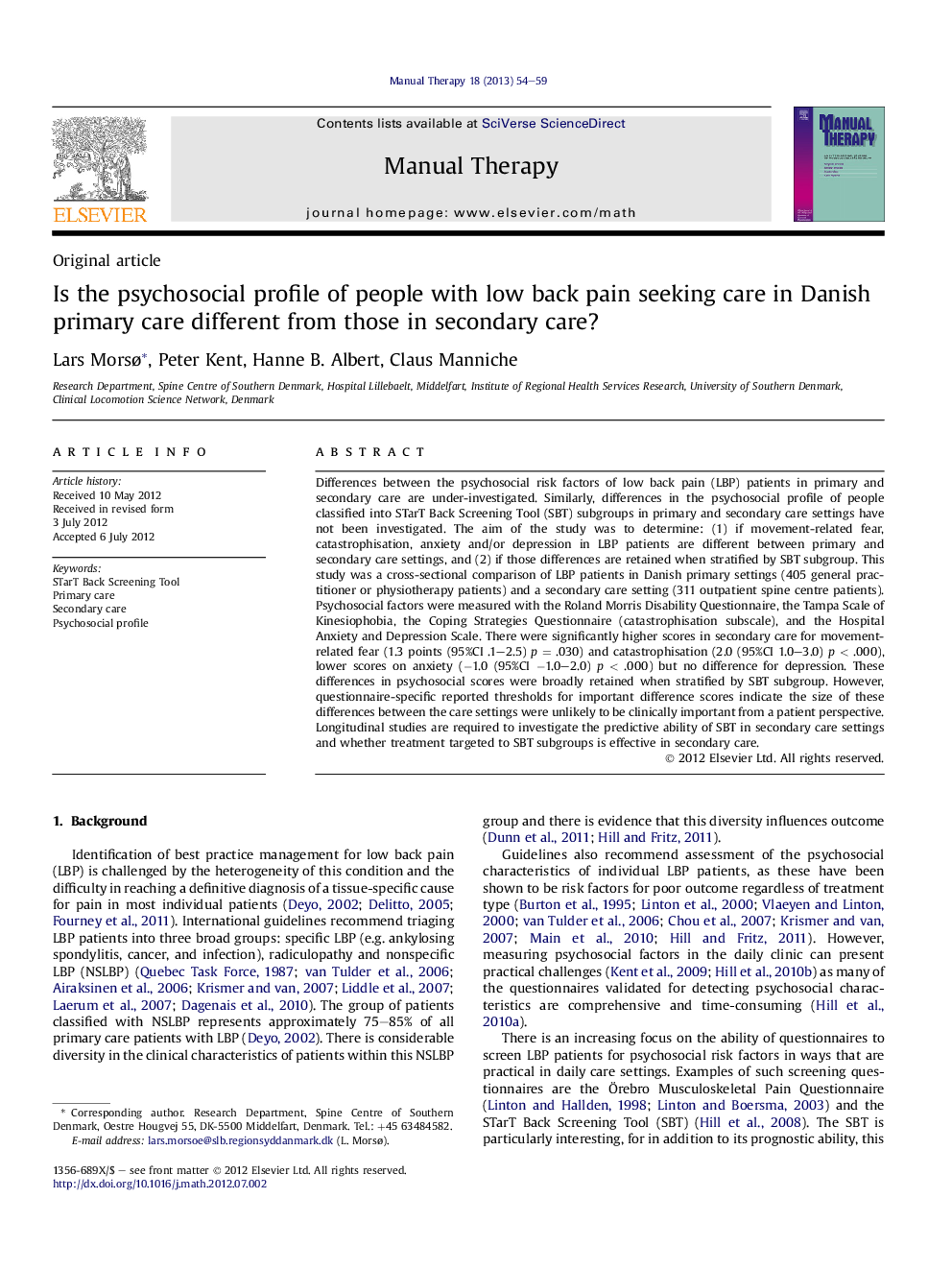 Is the psychosocial profile of people with low back pain seeking care in Danish primary care different from those in secondary care?