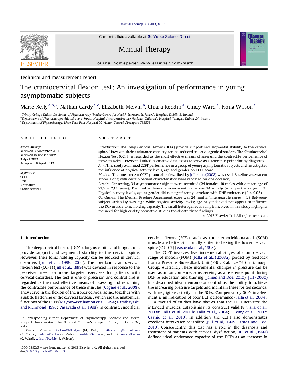 The craniocervical flexion test: An investigation of performance in young asymptomatic subjects