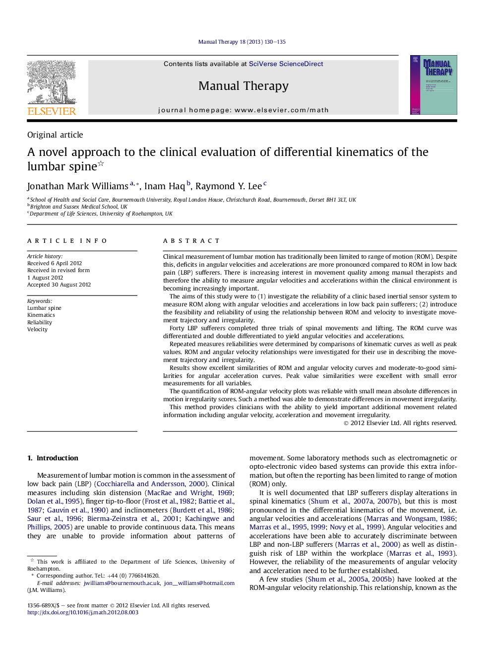 A novel approach to the clinical evaluation of differential kinematics of the lumbar spine 