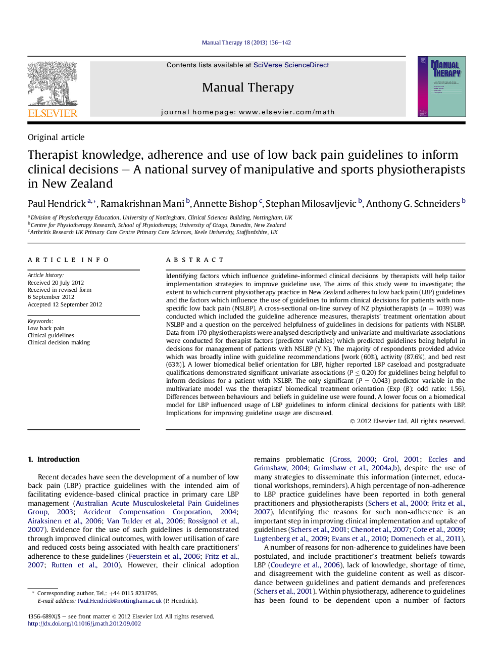 Therapist knowledge, adherence and use of low back pain guidelines to inform clinical decisions – A national survey of manipulative and sports physiotherapists in New Zealand