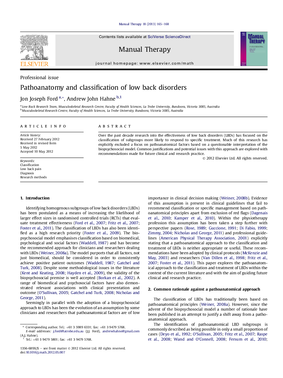 Pathoanatomy and classification of low back disorders