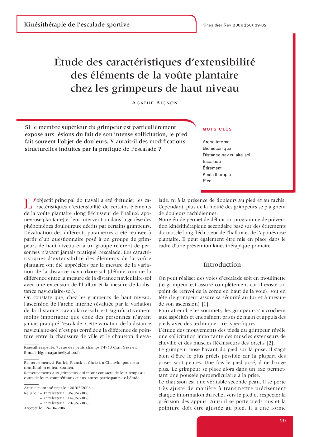 Étude des caractéristiques d’extensibilité des éléments de la voûte plantaire chez les grimpeurs de haut niveau 