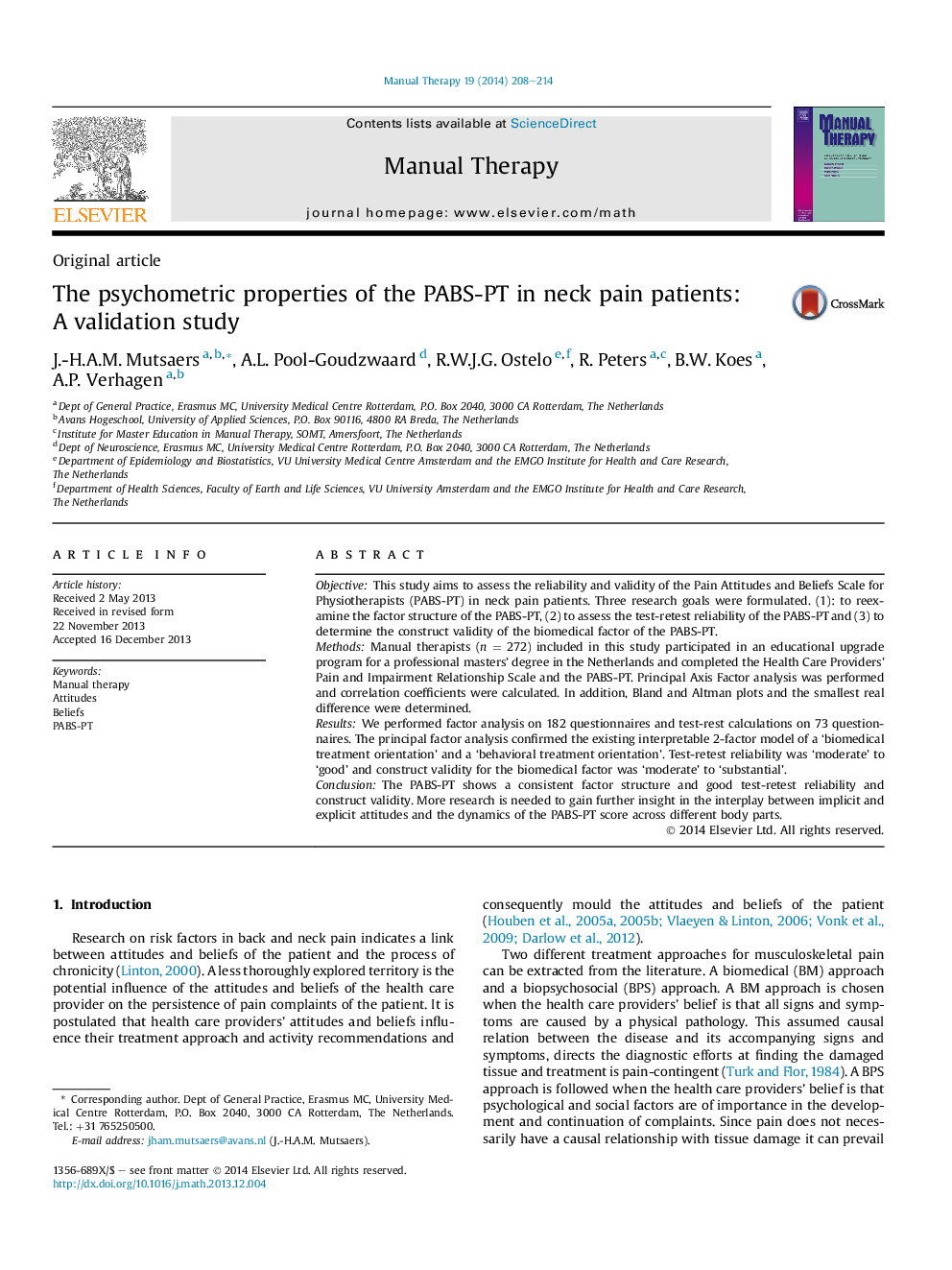 The psychometric properties of the PABS-PT in neck pain patients: A validation study