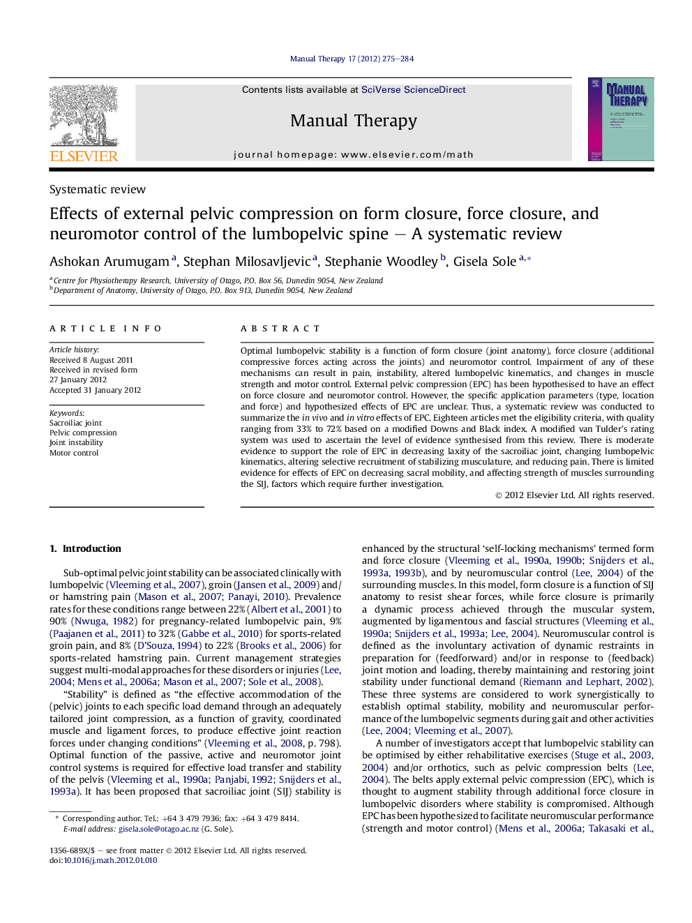 Effects of external pelvic compression on form closure, force closure, and neuromotor control of the lumbopelvic spine – A systematic review