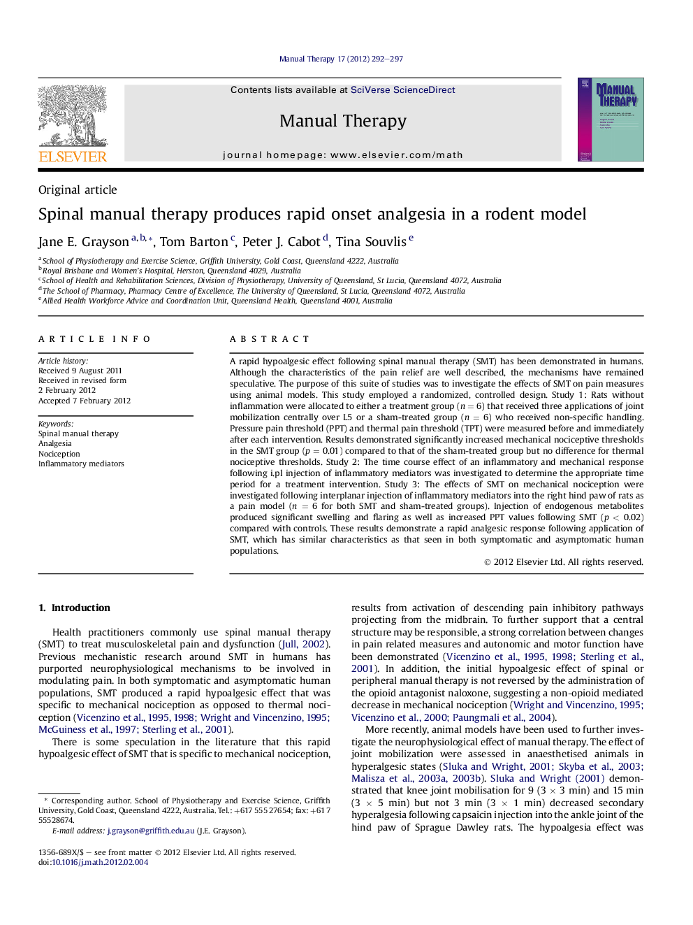 Spinal manual therapy produces rapid onset analgesia in a rodent model