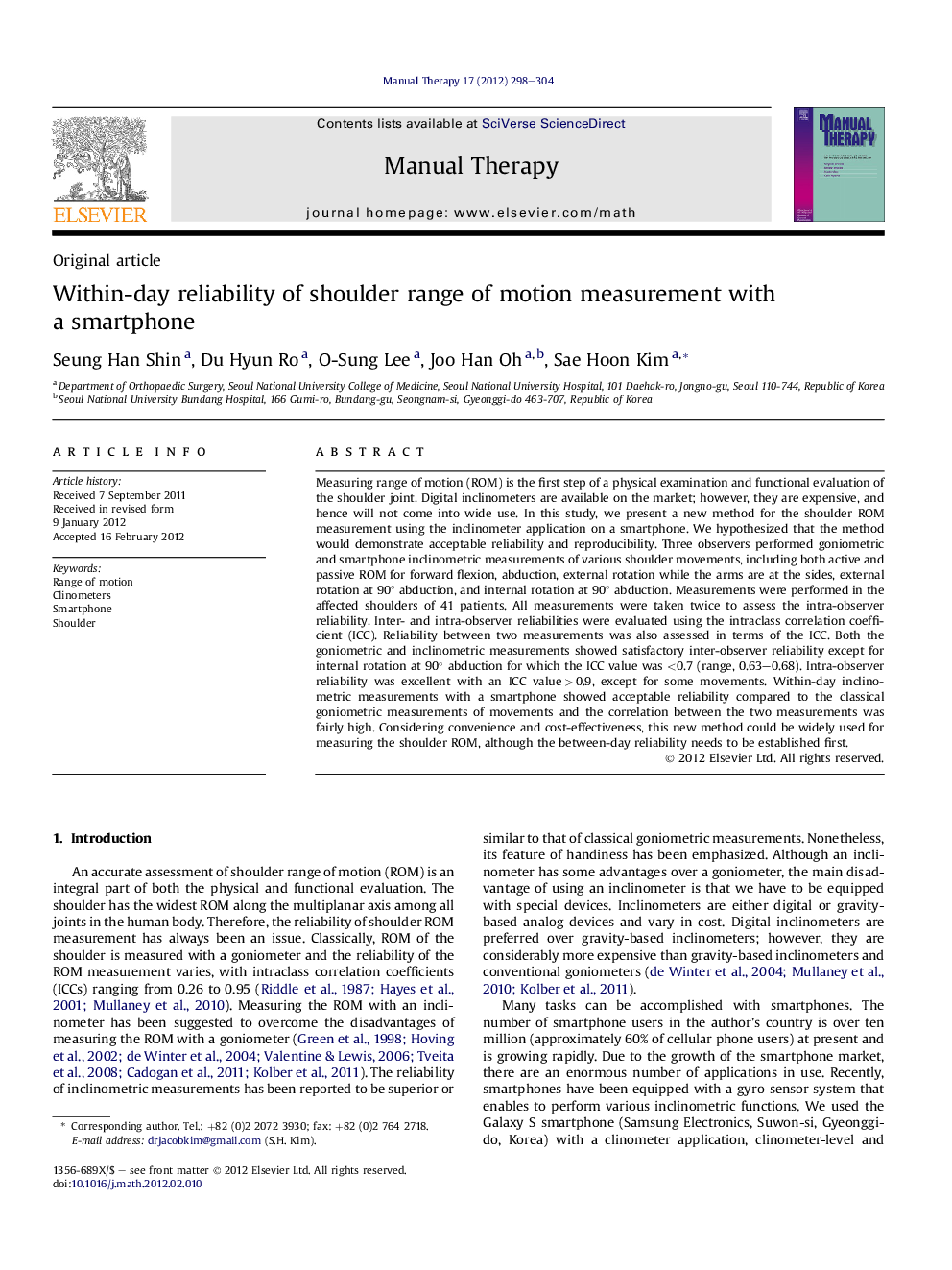 Within-day reliability of shoulder range of motion measurement with a smartphone