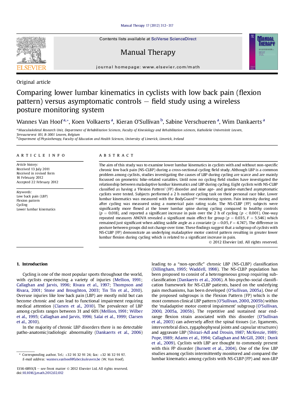 Comparing lower lumbar kinematics in cyclists with low back pain (flexion pattern) versus asymptomatic controls – field study using a wireless posture monitoring system