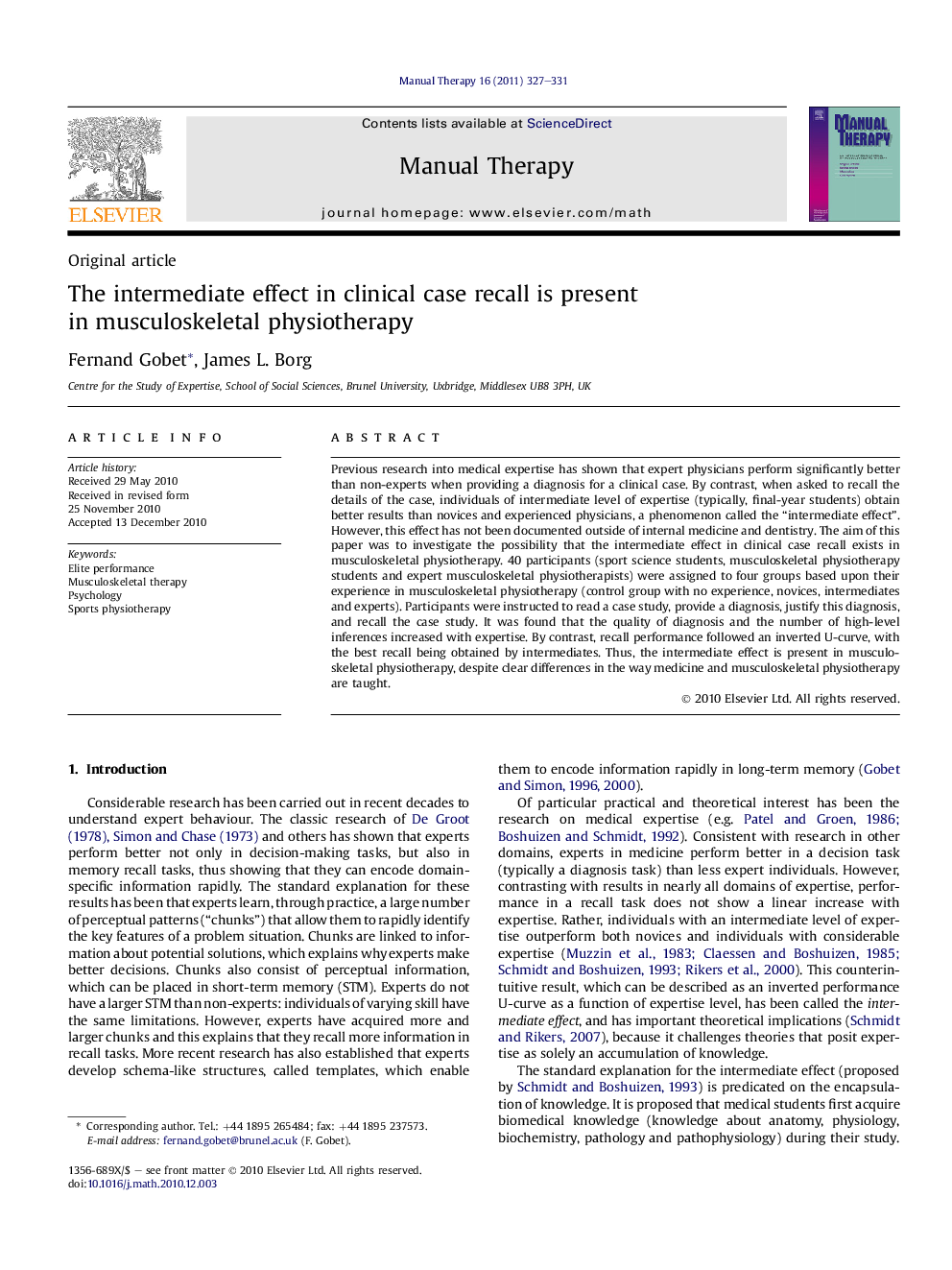 The intermediate effect in clinical case recall is present in musculoskeletal physiotherapy