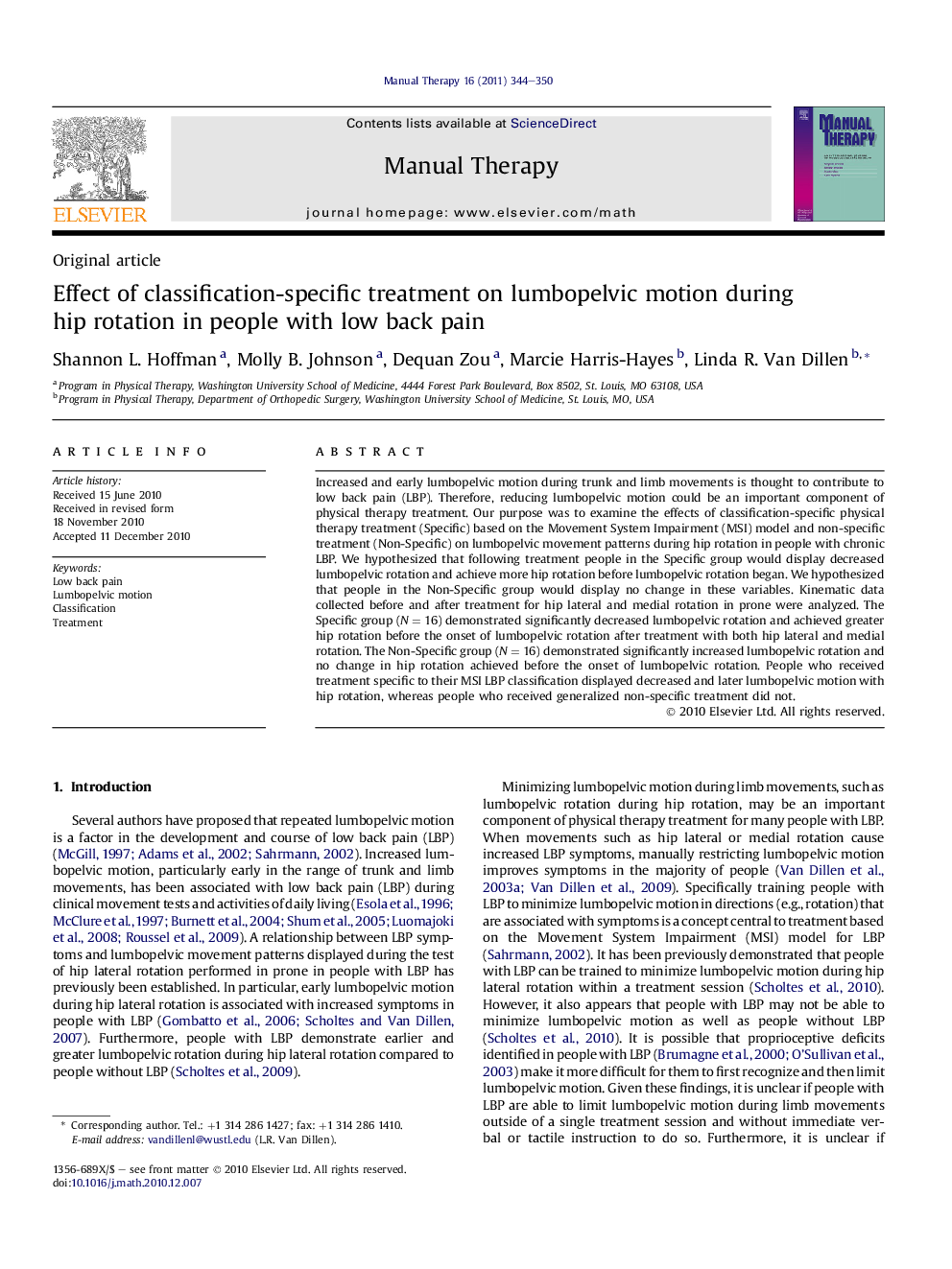 Effect of classification-specific treatment on lumbopelvic motion during hip rotation in people with low back pain