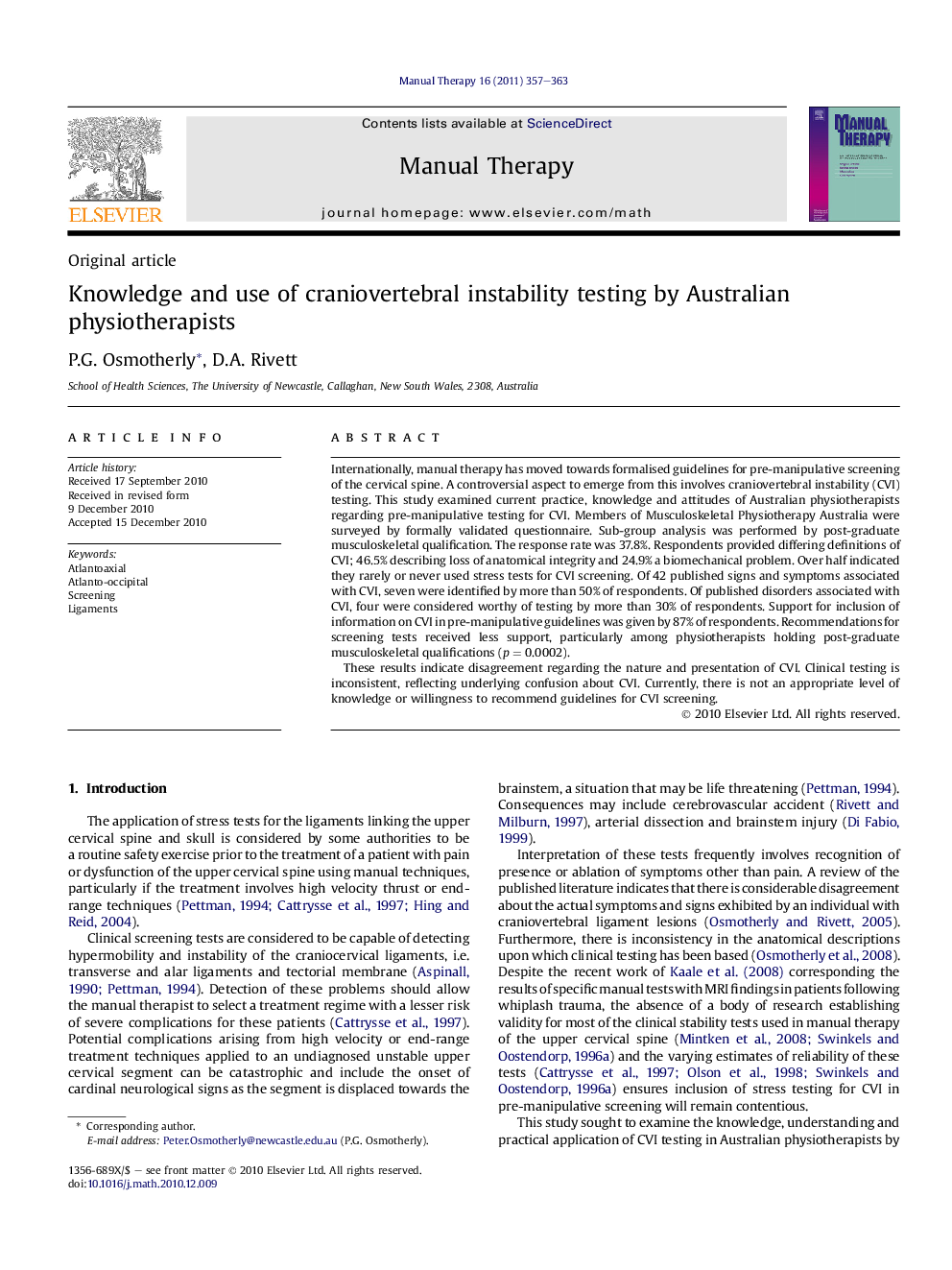 Knowledge and use of craniovertebral instability testing by Australian physiotherapists