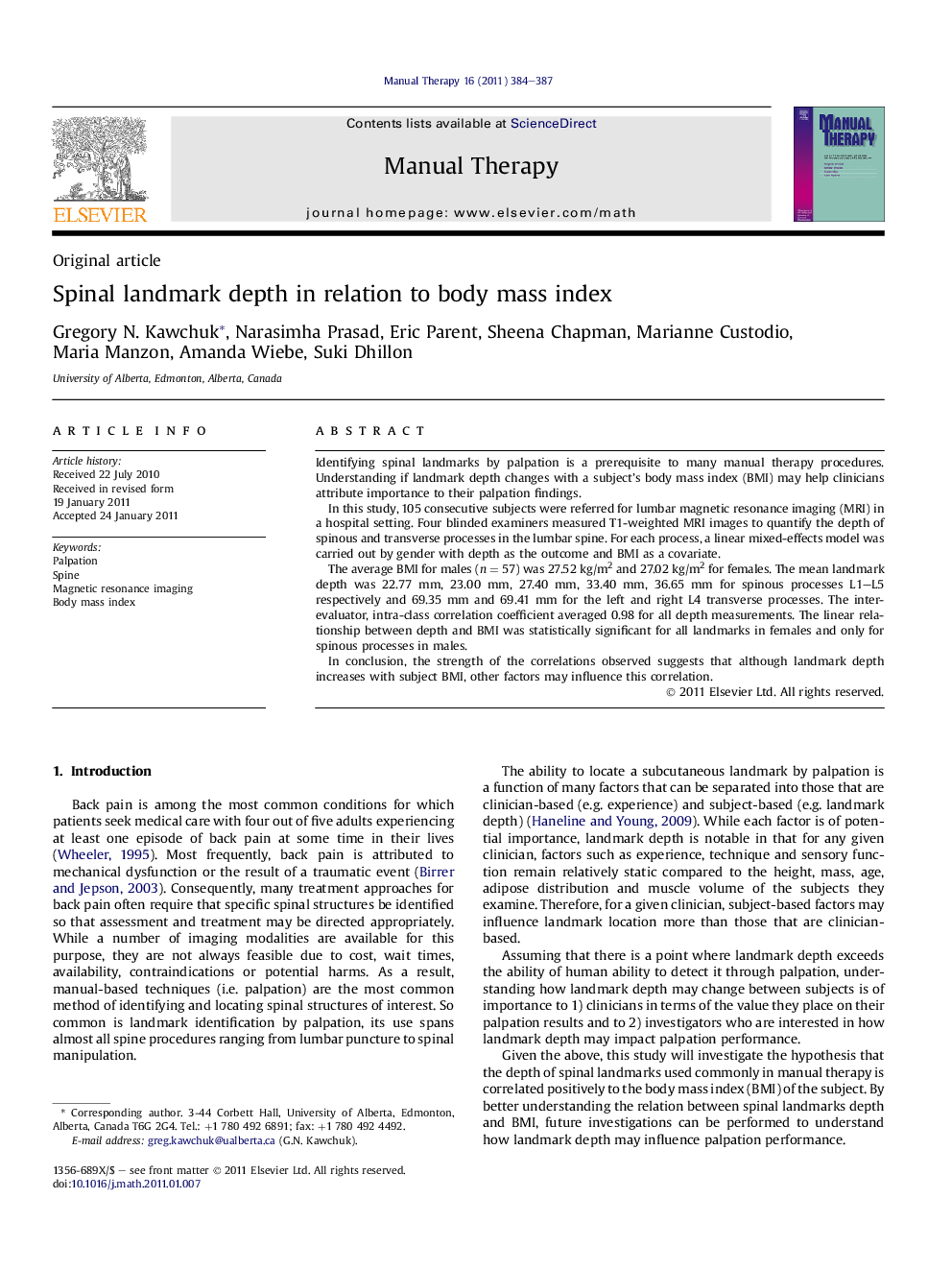 Spinal landmark depth in relation to body mass index