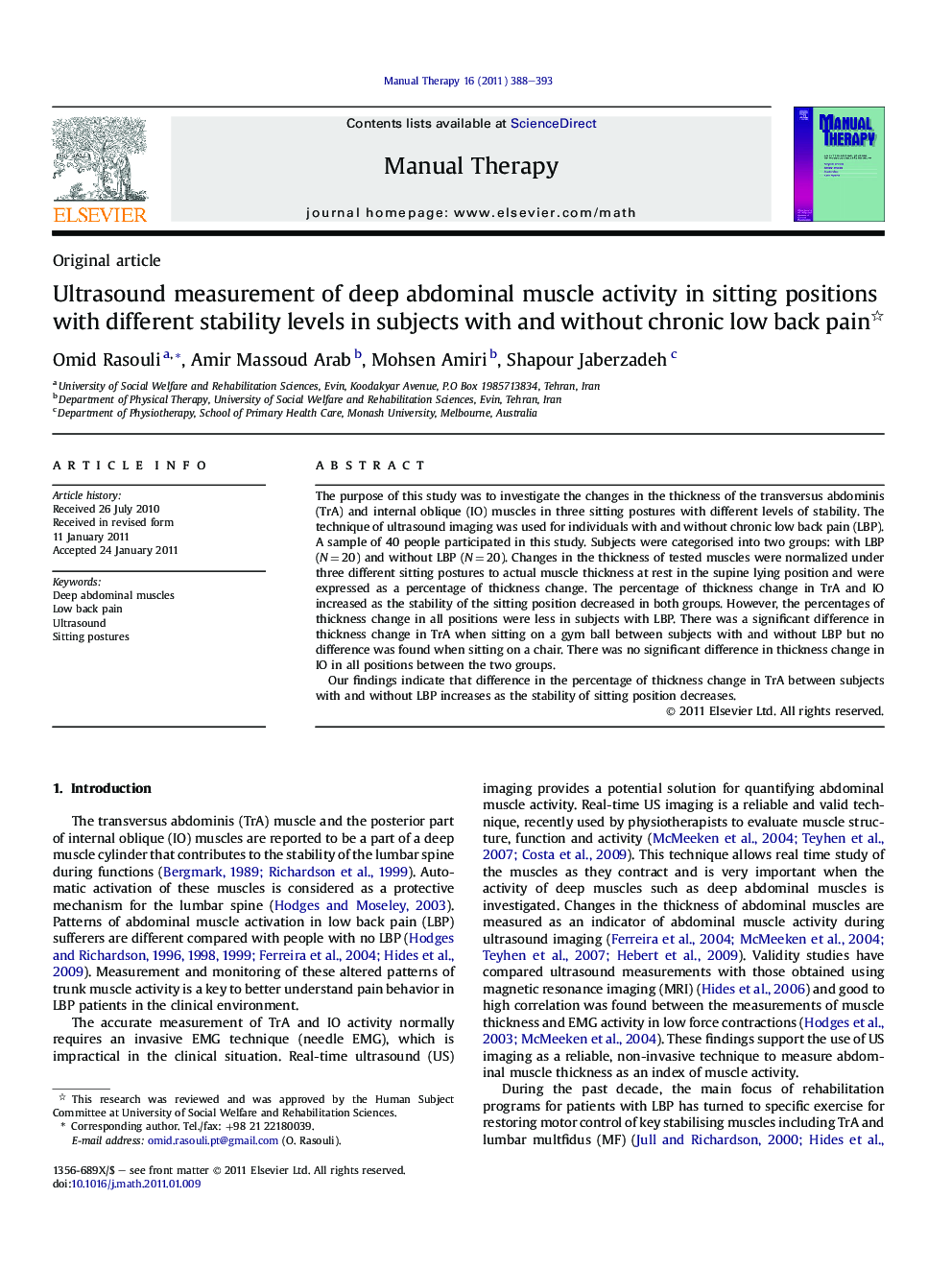 Ultrasound measurement of deep abdominal muscle activity in sitting positions with different stability levels in subjects with and without chronic low back pain 