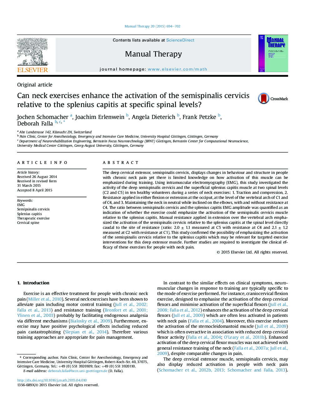 Can neck exercises enhance the activation of the semispinalis cervicis relative to the splenius capitis at specific spinal levels?