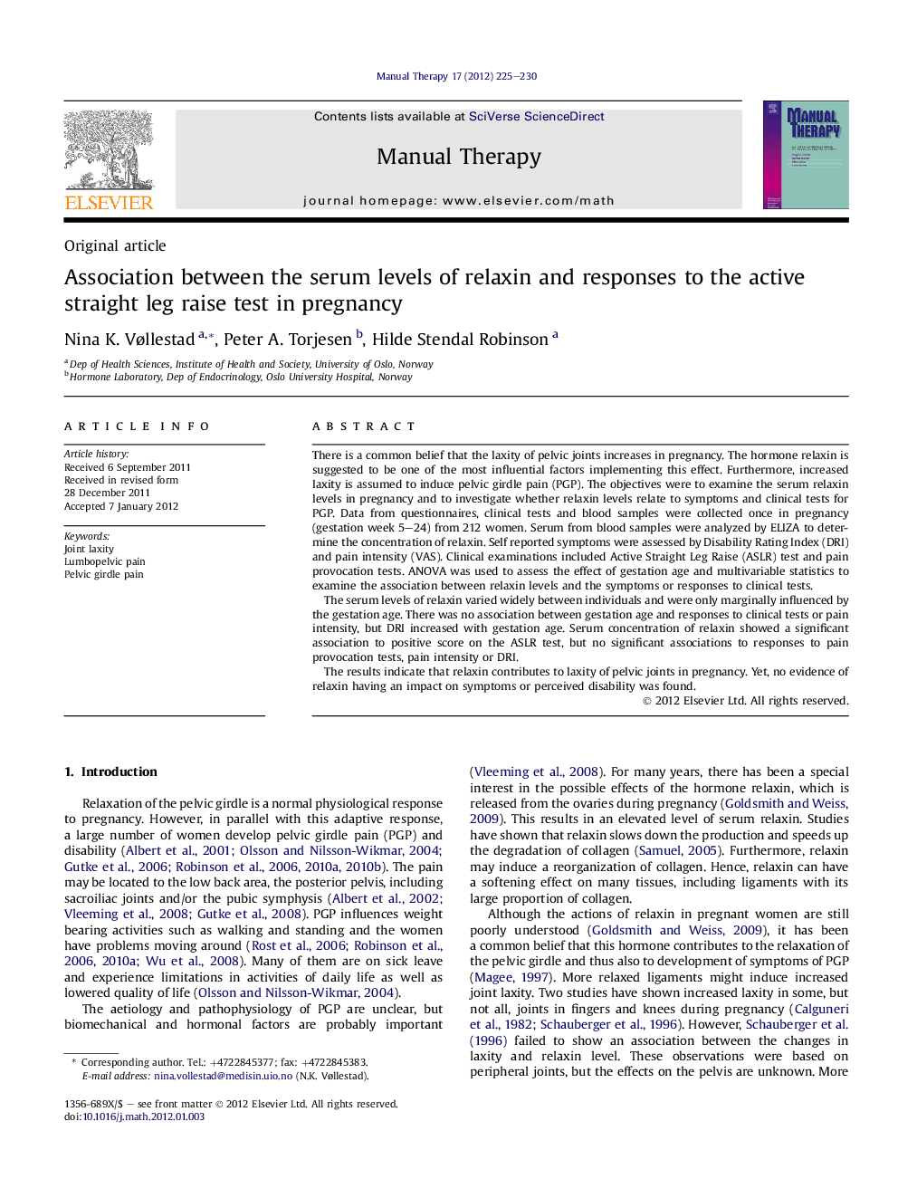 Association between the serum levels of relaxin and responses to the active straight leg raise test in pregnancy