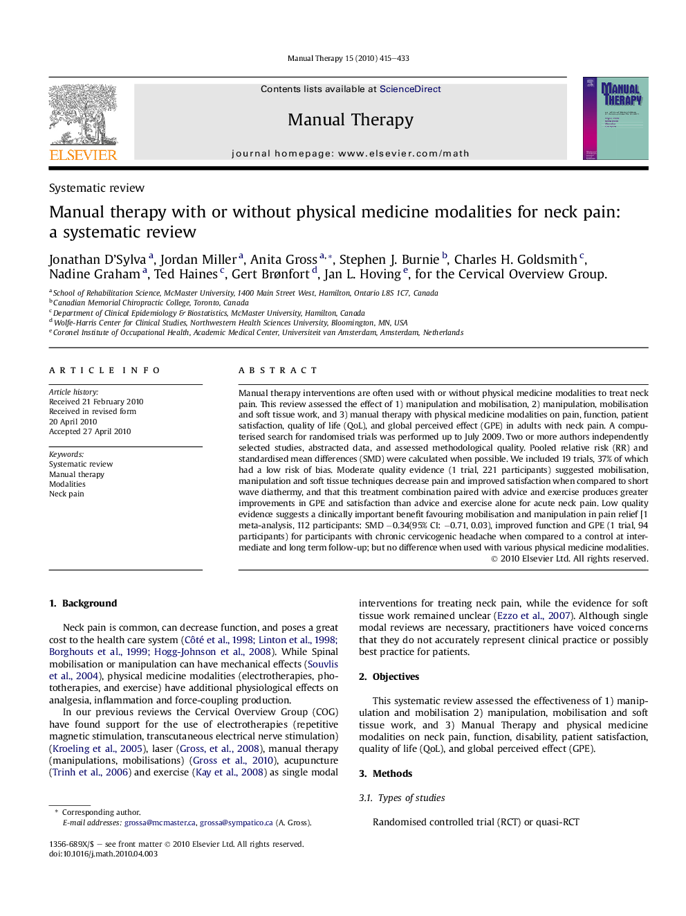 Manual therapy with or without physical medicine modalities for neck pain: a systematic review