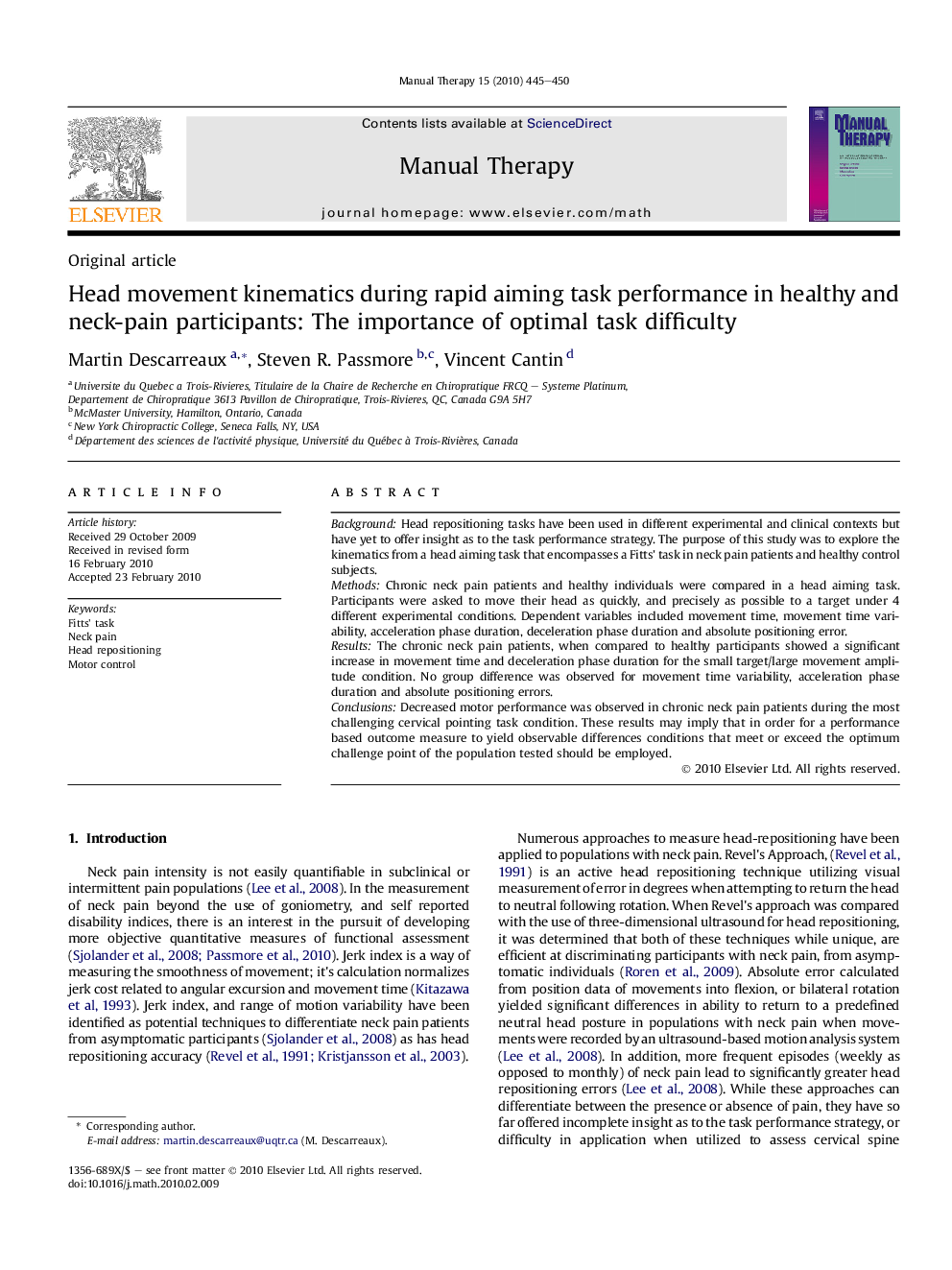 Head movement kinematics during rapid aiming task performance in healthy and neck-pain participants: The importance of optimal task difficulty