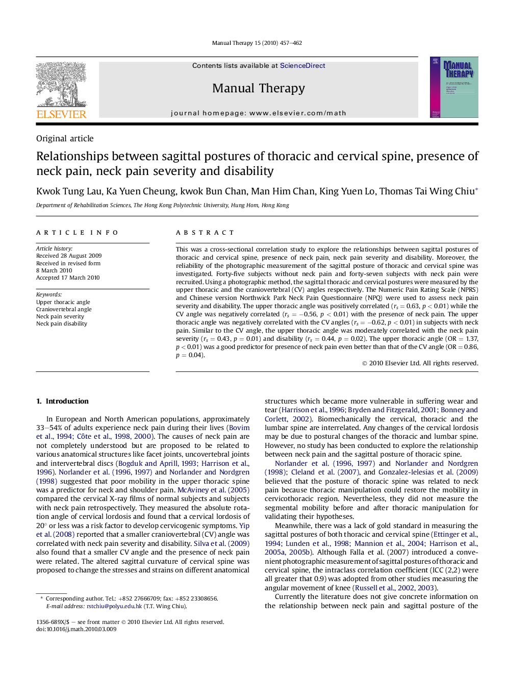 Relationships between sagittal postures of thoracic and cervical spine, presence of neck pain, neck pain severity and disability