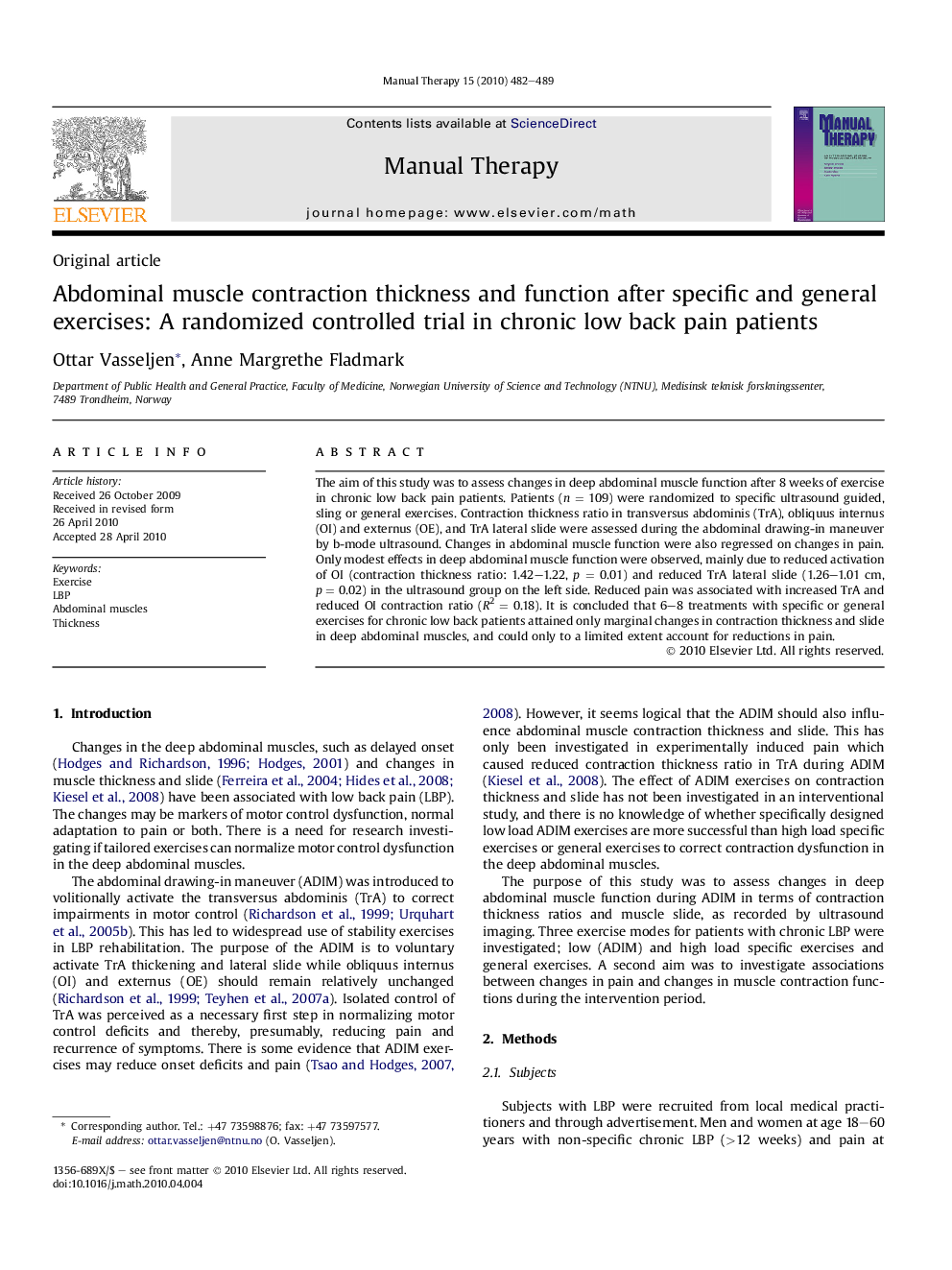 Abdominal muscle contraction thickness and function after specific and general exercises: A randomized controlled trial in chronic low back pain patients